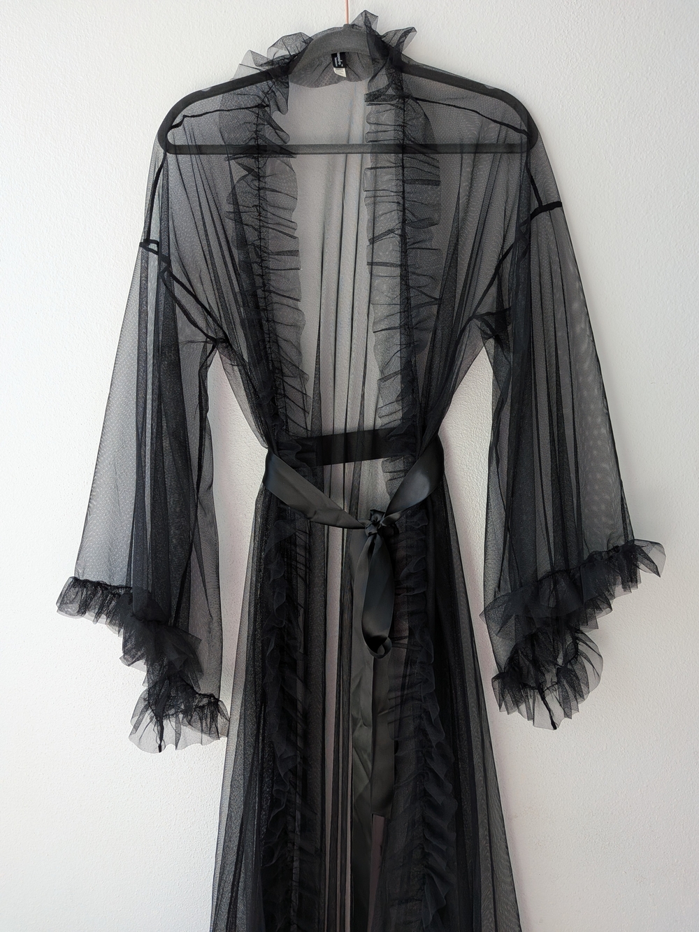 NWOT!! NEVER WORN! Sheer Black Ruffle-Trim Mesh Robe with Satin Waist Tie L/XL